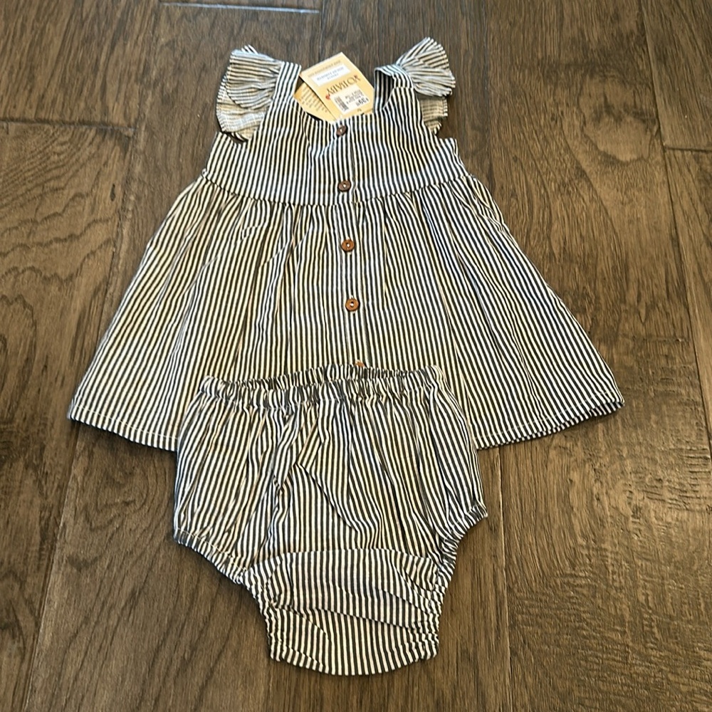 Yo Baby Dress and bloomer set black grey stripe NWT 9-12 months